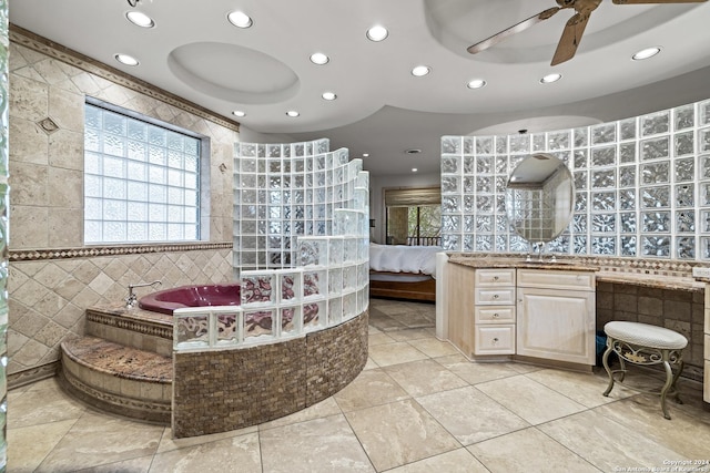 694 Scenic Cir, Pipe Creek, TX 78063 - full bathroom with tile walls, recessed lighting, a bath, plenty of natural light, and a ceiling fan