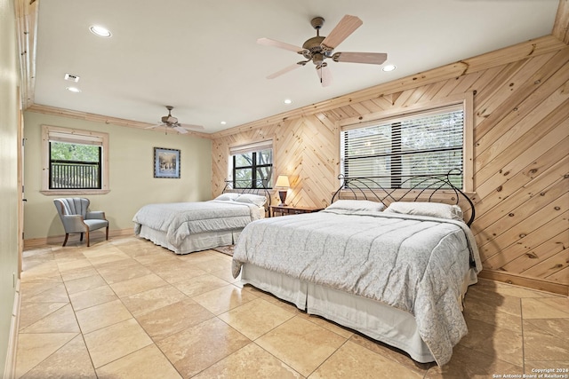 694 Scenic Cir, Pipe Creek, TX 78063 - bedroom with wood walls, recessed lighting, crown molding, and ceiling fan