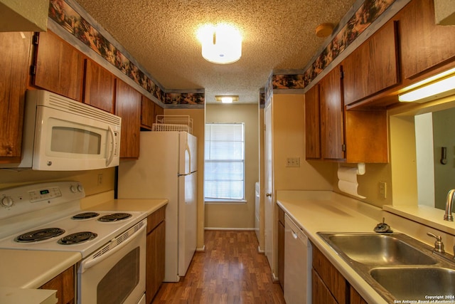 kitchen featuring dark hardwood / wood-style flooring, white appliances, a textured ceiling, and sink