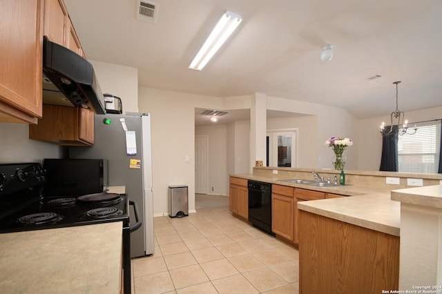 kitchen with dishwasher, sink, hanging light fixtures, range with electric stovetop, and a chandelier