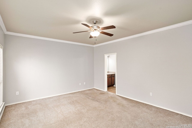 carpeted empty room with ceiling fan and ornamental molding