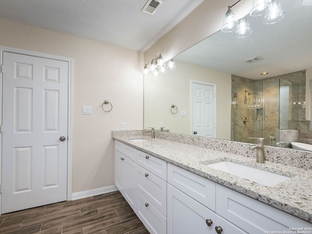 bathroom with vanity, a textured ceiling, and walk in shower