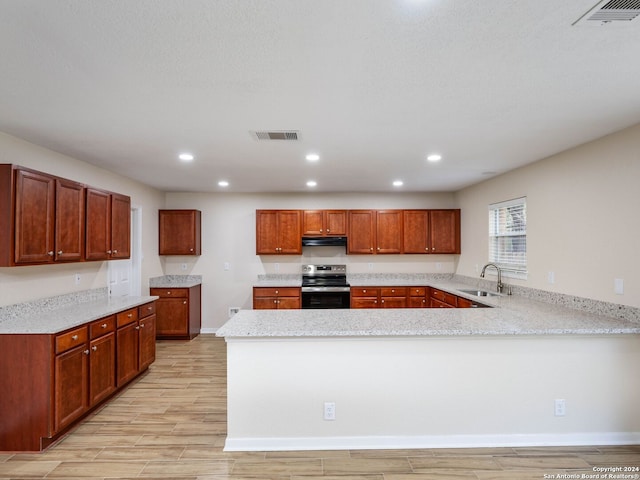 kitchen with stainless steel electric range, light wood-type flooring, sink, and kitchen peninsula