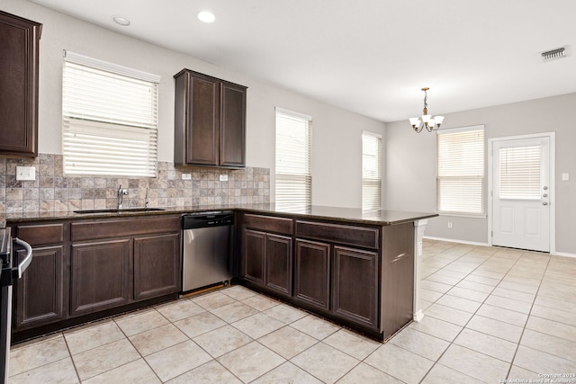 kitchen featuring dishwasher, sink, kitchen peninsula, and backsplash