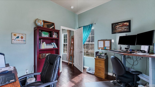 office area with dark hardwood / wood-style flooring