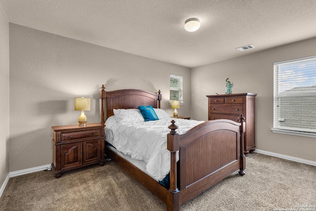 carpeted bedroom with a textured ceiling