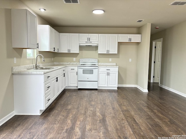 kitchen featuring white cabinets, dark hardwood / wood-style flooring, white range with electric stovetop, and sink