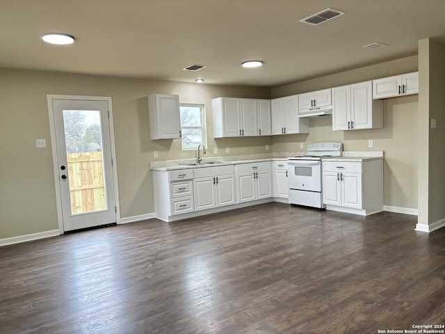 kitchen with white cabinets, white electric range, dark hardwood / wood-style flooring, and sink