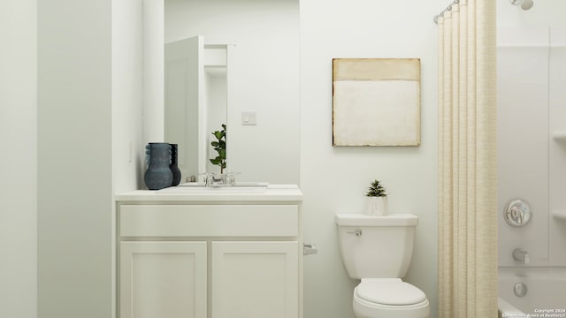 full bathroom with vanity, shower / bathtub combination with curtain, and toilet