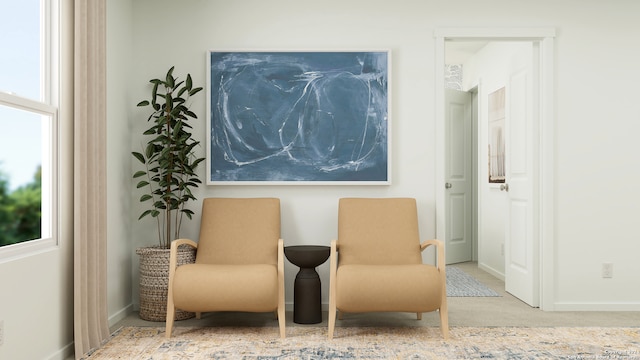 sitting room featuring light carpet