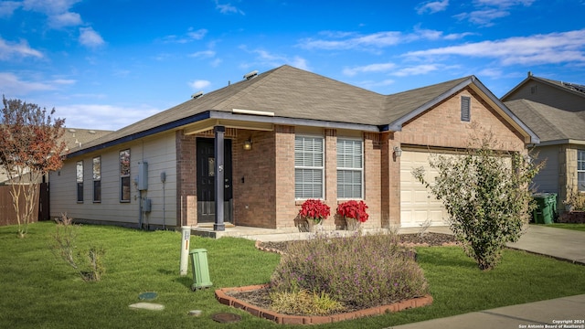 ranch-style home with a garage and a front lawn