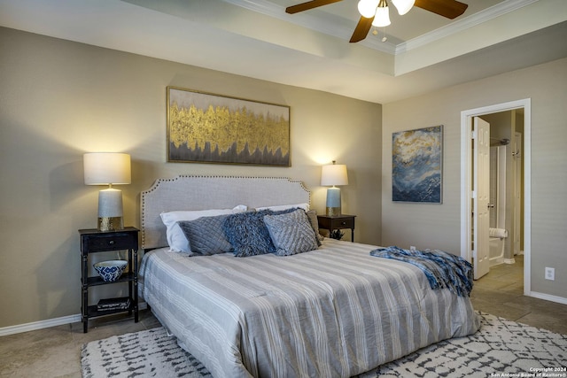 bedroom featuring ensuite bathroom, ceiling fan, and ornamental molding