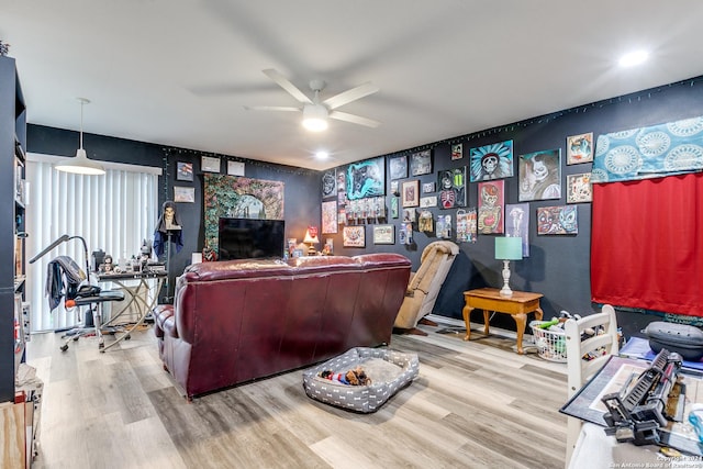 living room with ceiling fan and light hardwood / wood-style flooring