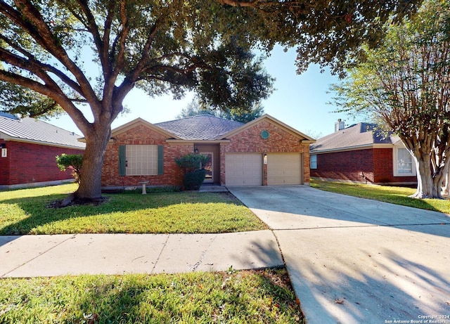 single story home featuring a front yard and a garage