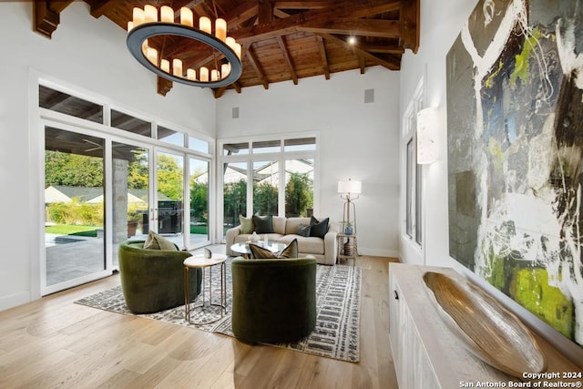 sunroom / solarium featuring vaulted ceiling with beams and wood ceiling