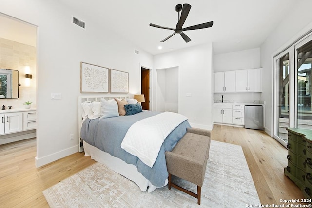 bedroom featuring light wood-type flooring, ensuite bathroom, refrigerator, access to outside, and ceiling fan