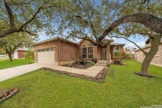 ranch-style home with a front lawn and a garage