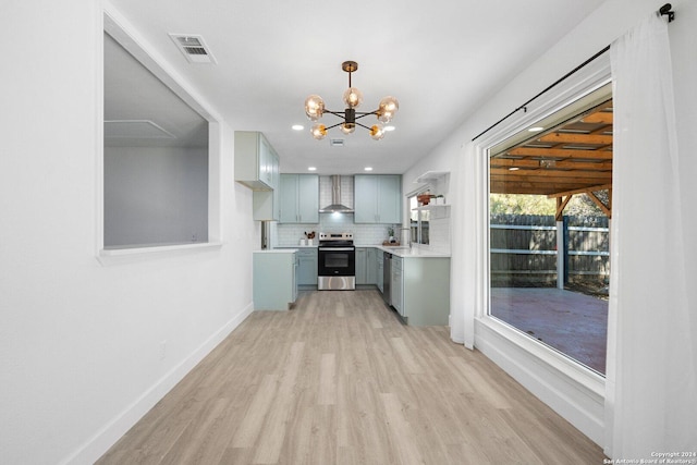 kitchen with decorative backsplash, appliances with stainless steel finishes, wall chimney range hood, pendant lighting, and light hardwood / wood-style floors