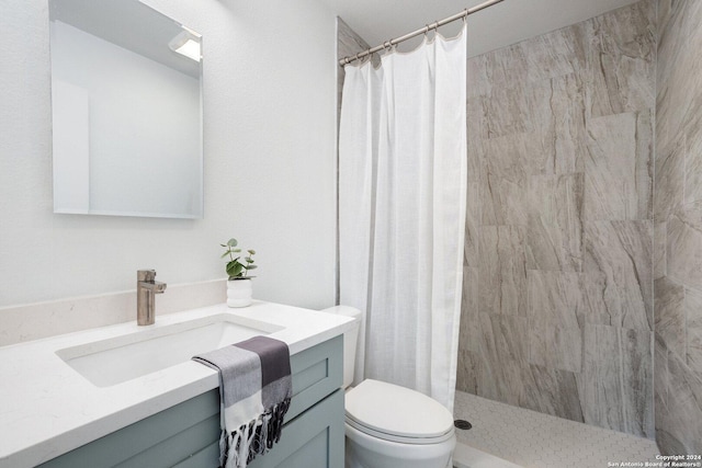 bathroom featuring vanity, toilet, and curtained shower