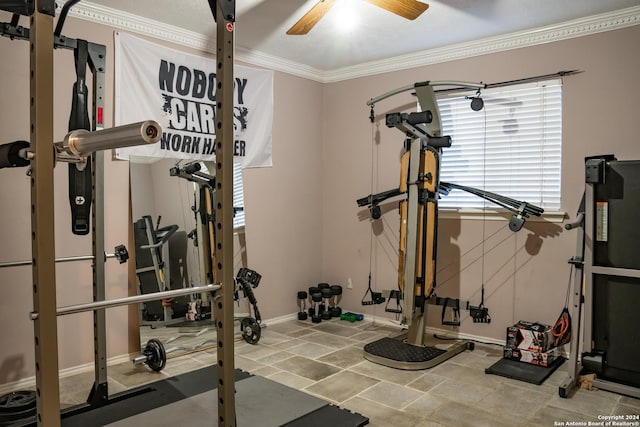 workout room with ceiling fan and crown molding