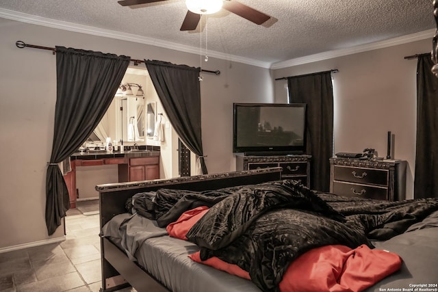 bedroom with a textured ceiling, ceiling fan, and crown molding