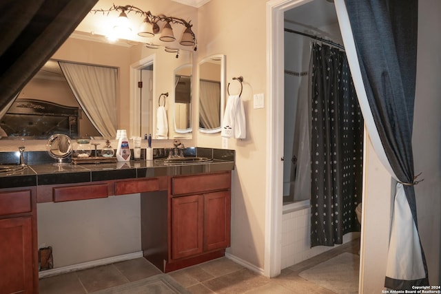 bathroom featuring tile patterned floors, vanity, curtained shower, and crown molding