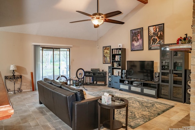 living room featuring beamed ceiling, high vaulted ceiling, and ceiling fan