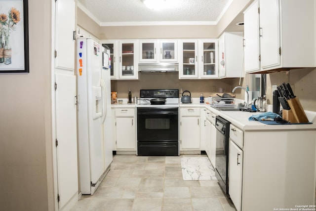 kitchen featuring sink, white cabinets, black appliances, and a textured ceiling