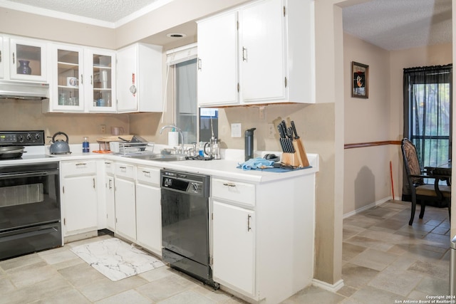 kitchen featuring exhaust hood, a textured ceiling, white cabinetry, and black appliances