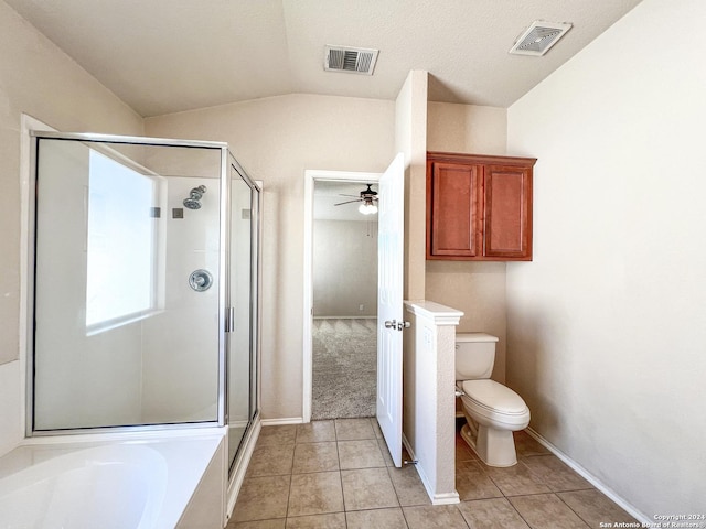 bathroom with lofted ceiling, tile patterned flooring, ceiling fan, toilet, and independent shower and bath