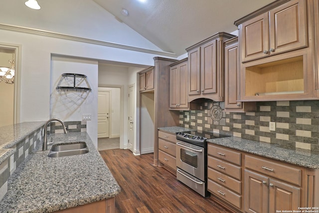 kitchen with dark hardwood / wood-style flooring, tasteful backsplash, sink, stainless steel stove, and lofted ceiling