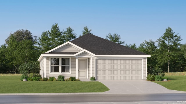 ranch-style house featuring a front lawn and a garage