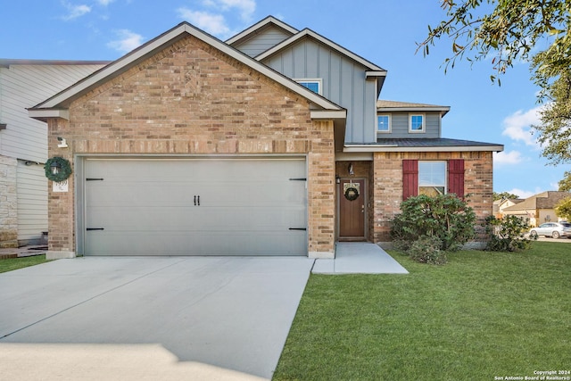 craftsman-style home featuring a front yard and a garage