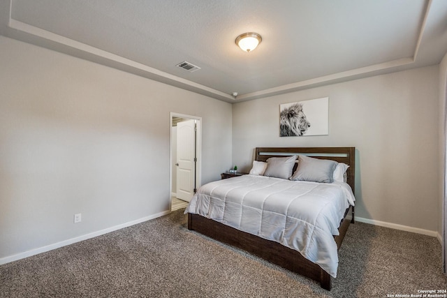 carpeted bedroom featuring a tray ceiling