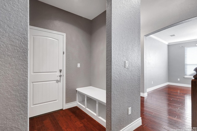 mudroom featuring dark hardwood / wood-style floors and ornamental molding