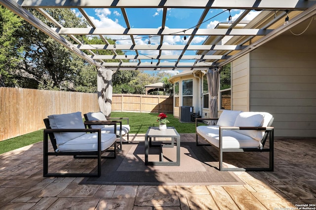 view of patio / terrace featuring central AC unit, an outdoor living space, and a pergola