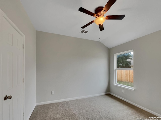 unfurnished room featuring carpet flooring, ceiling fan, and lofted ceiling