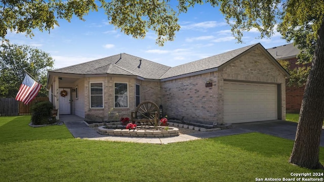 single story home featuring a front lawn and a garage