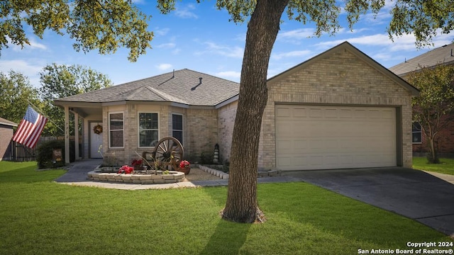 ranch-style home featuring a garage and a front lawn