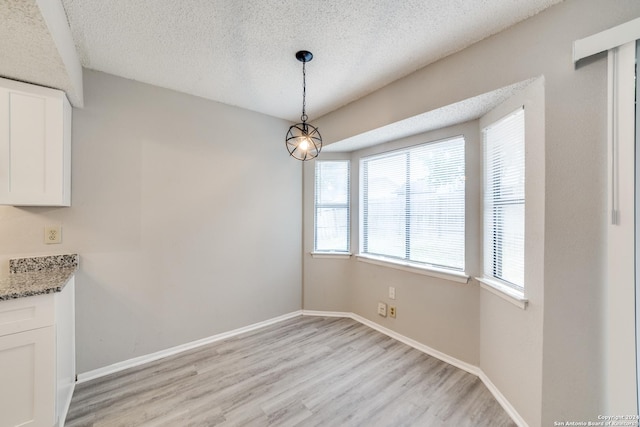 unfurnished dining area featuring light hardwood / wood-style floors and a textured ceiling