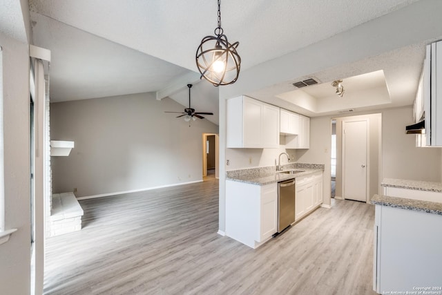 kitchen featuring lofted ceiling with beams, ceiling fan, light wood-type flooring, and white cabinetry