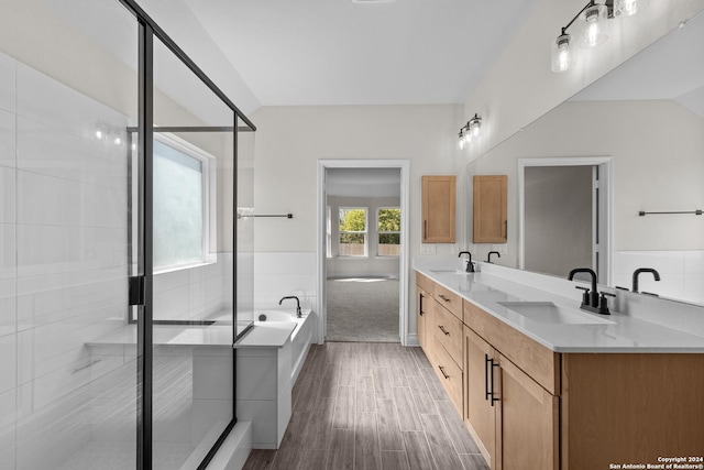 bathroom with hardwood / wood-style floors, vanity, a healthy amount of sunlight, and plus walk in shower