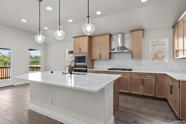 kitchen featuring an island with sink, dark hardwood / wood-style floors, wall chimney exhaust hood, and sink