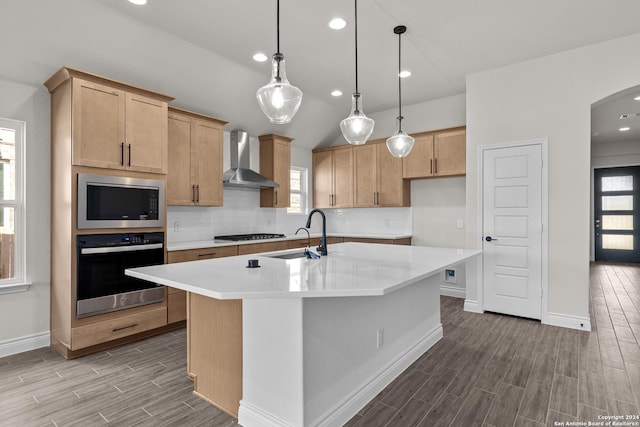 kitchen with wall chimney exhaust hood, a wealth of natural light, an island with sink, and appliances with stainless steel finishes