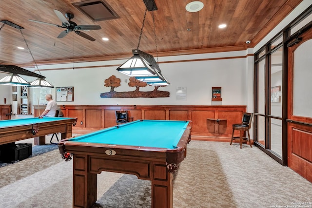 rec room with light colored carpet, wooden ceiling, ornamental molding, and pool table