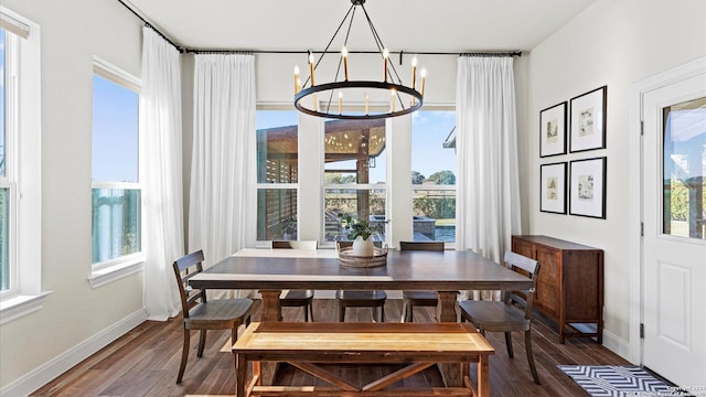 dining room with hardwood / wood-style flooring, plenty of natural light, and a notable chandelier