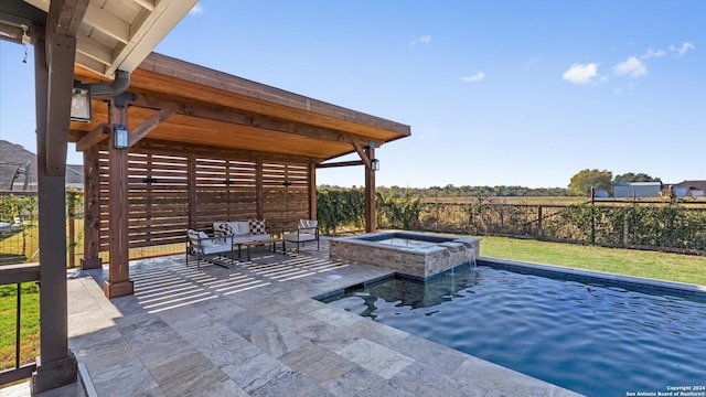 view of patio / terrace with a swimming pool with hot tub and an outdoor living space