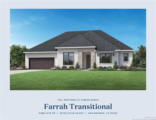28706 Estin Hts, San Antonio, TX 78260 - view of front of property featuring a garage, driveway, a front yard, roof with shingles, and stone siding