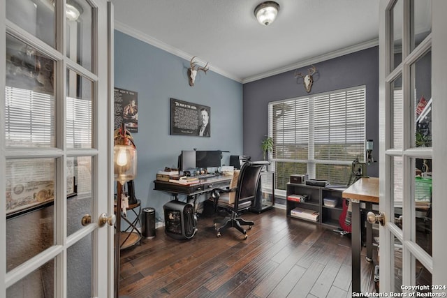 office area featuring french doors, dark wood-type flooring, and ornamental molding