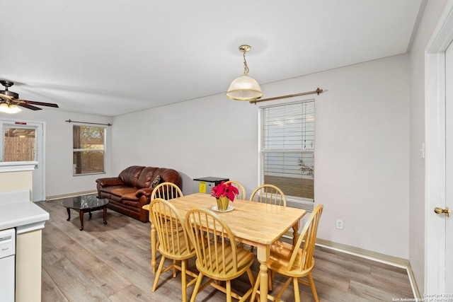 dining space with ceiling fan and light hardwood / wood-style flooring